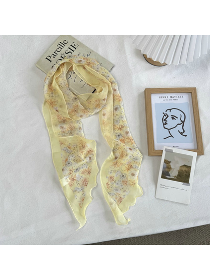 Yellow Floral scarf with a small floral print and scalloped edge