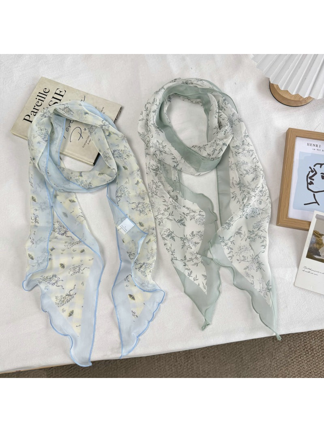 Small Botanical and Fine Sprig scarves displayed side by side