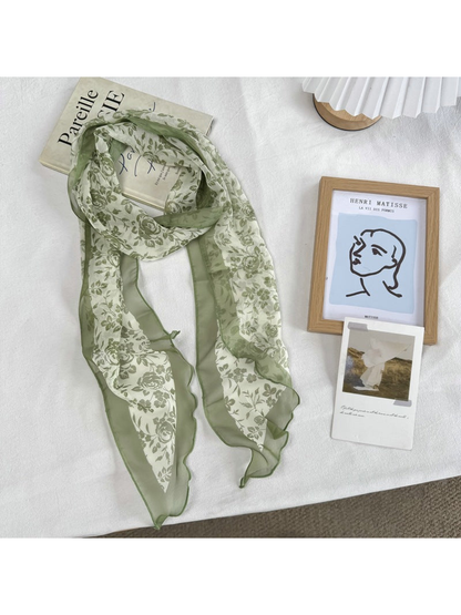 Rose Leaf green floral scarf with sheer wavy edging