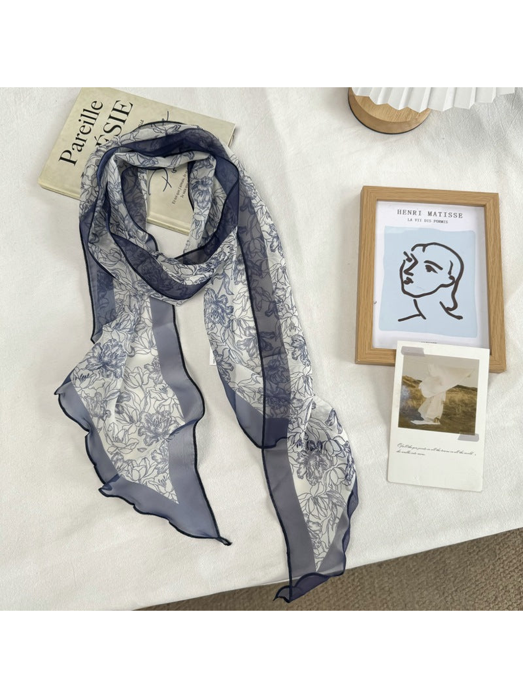 Line Art navy floral scarf with sheer wavy edging