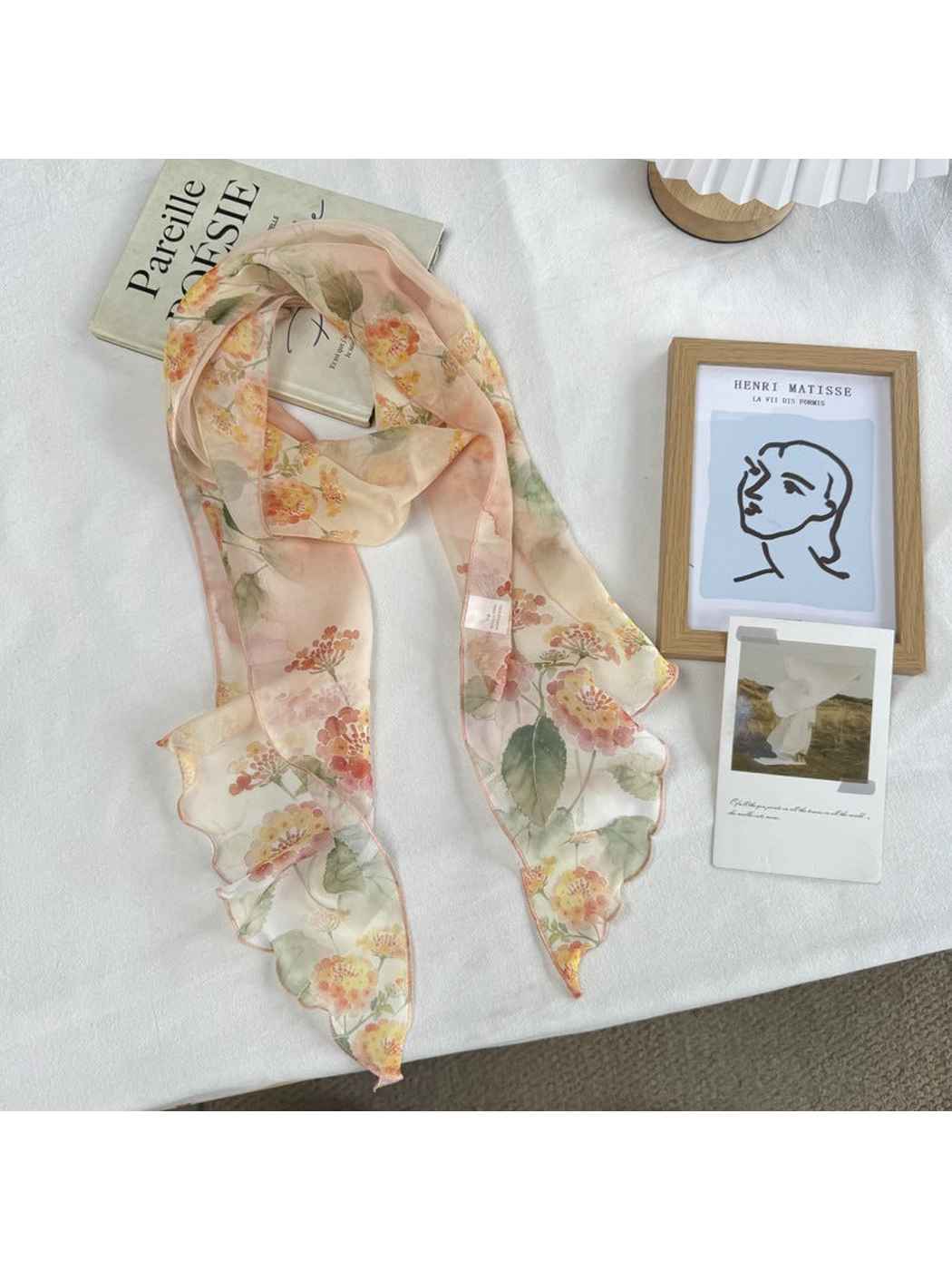 Clustered Floral scarf with pink, orange and green botanical print