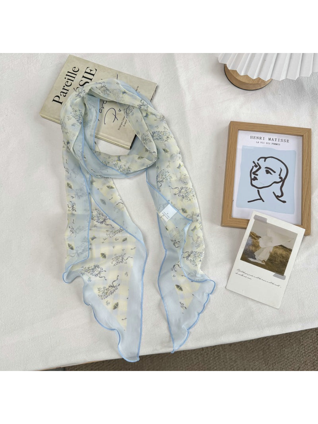Small Botanical light blue scarf with sheer wavy edging
