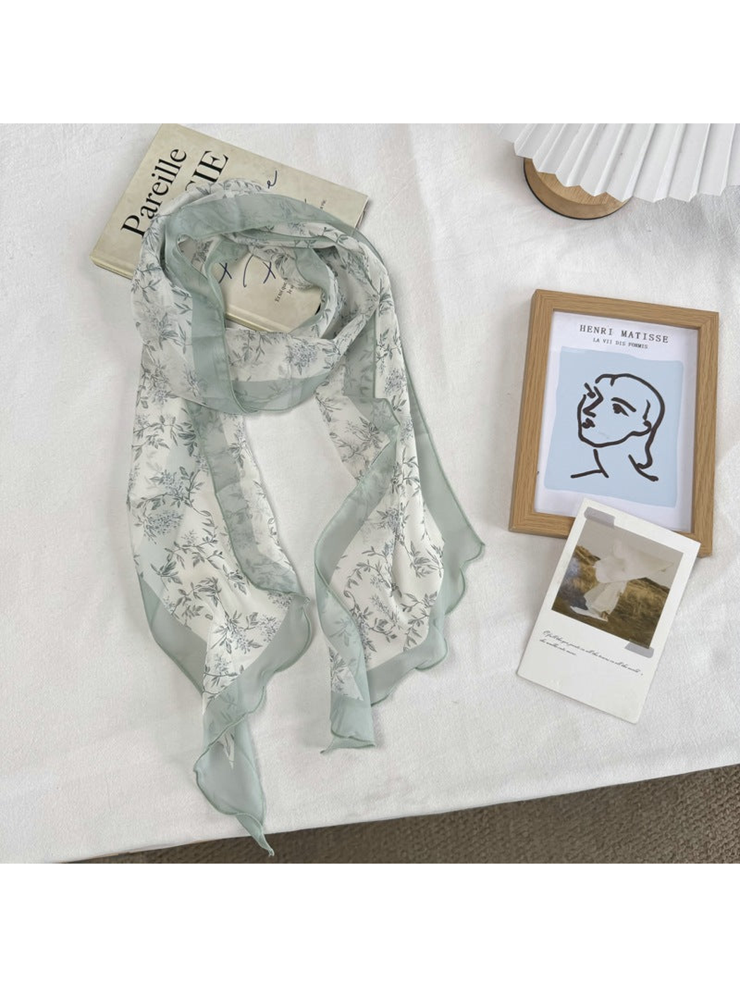 Fine Sprig pale green botanical scarf with sheer wavy edging