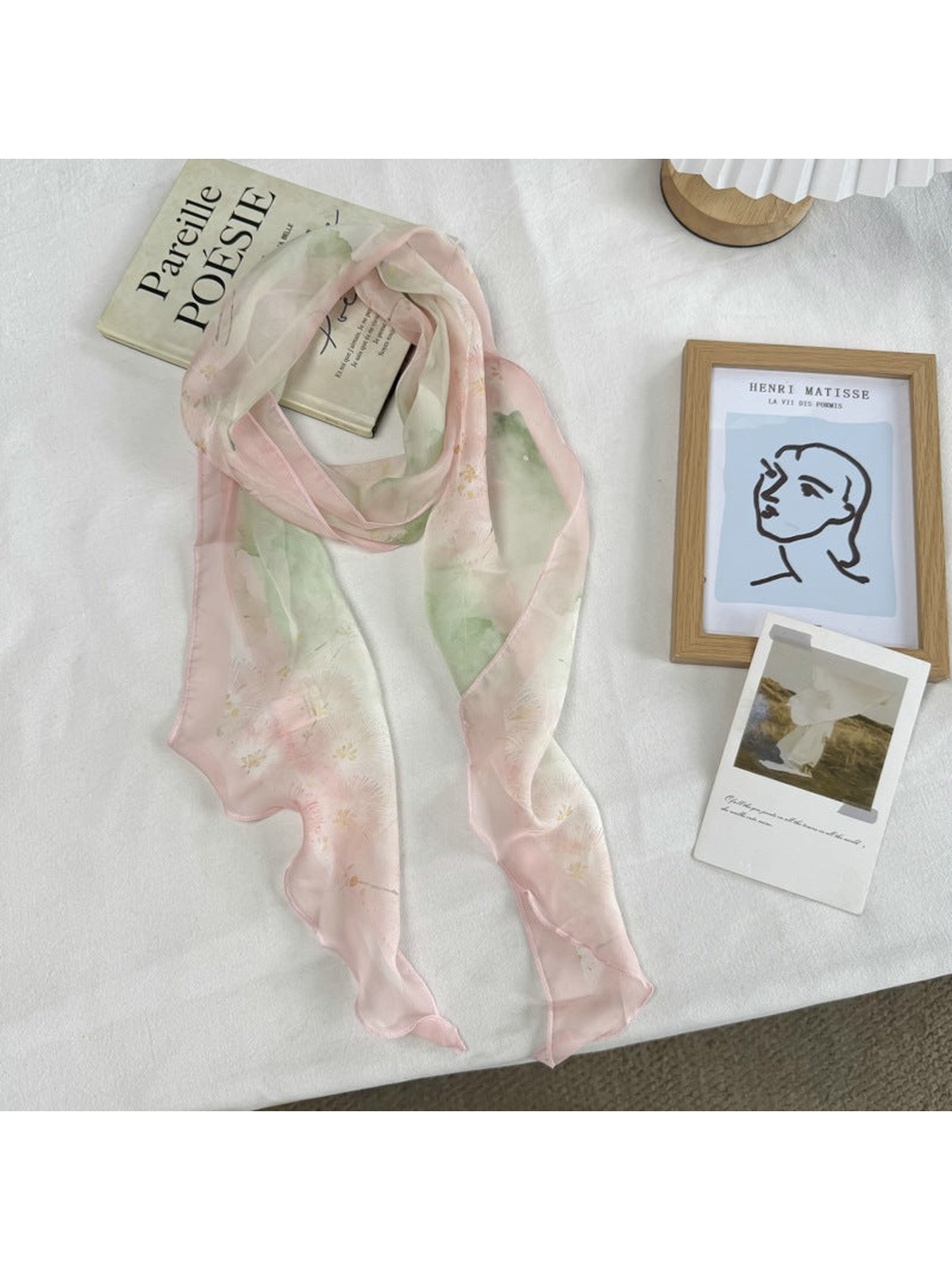 Soft Floral pink and green scarf with sheer wavy edging