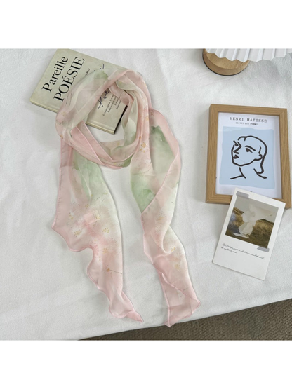 Soft Floral pink and green scarf with sheer wavy edging