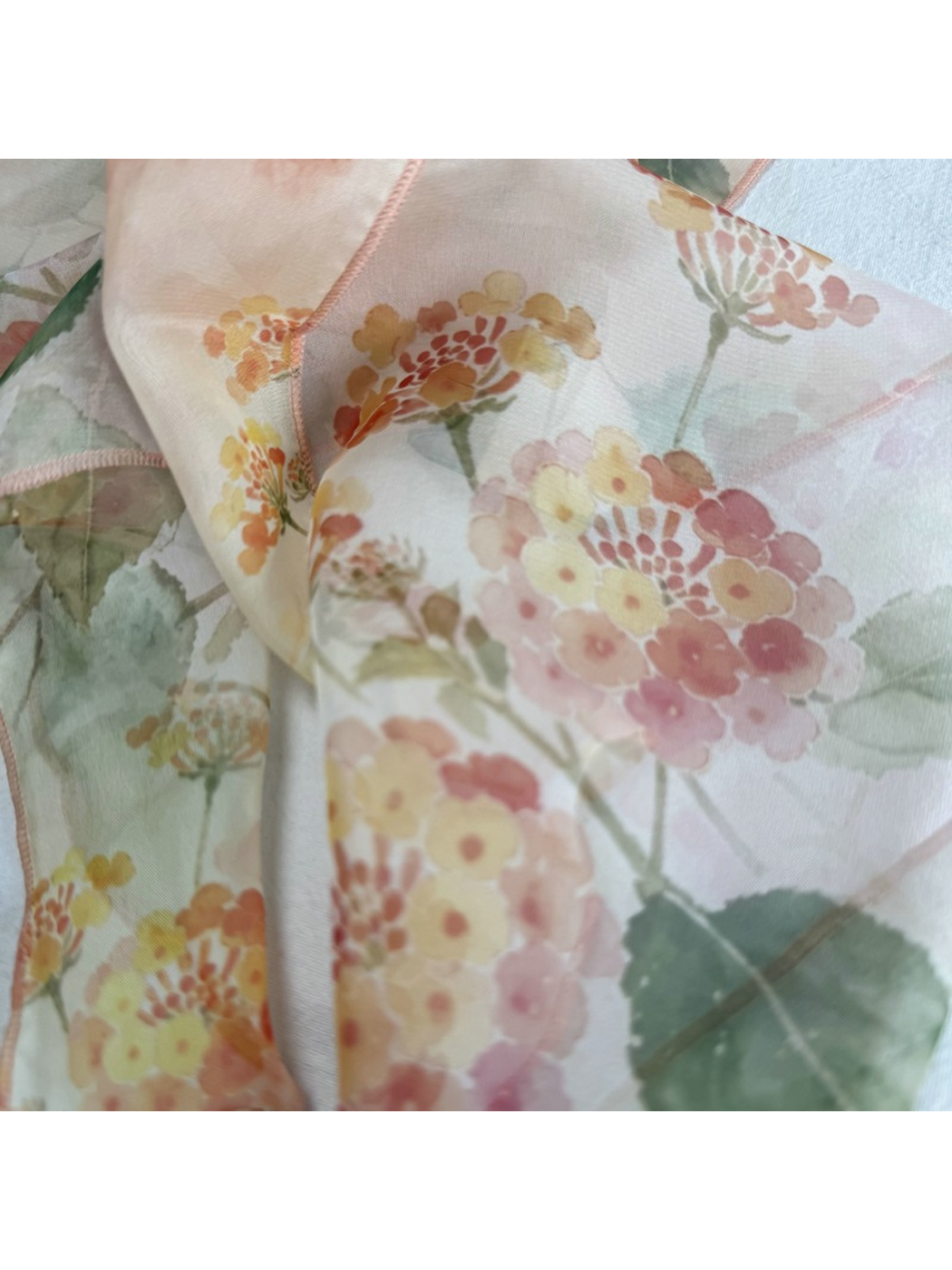 Close-up of the clustered floral print and stitched wavy edge