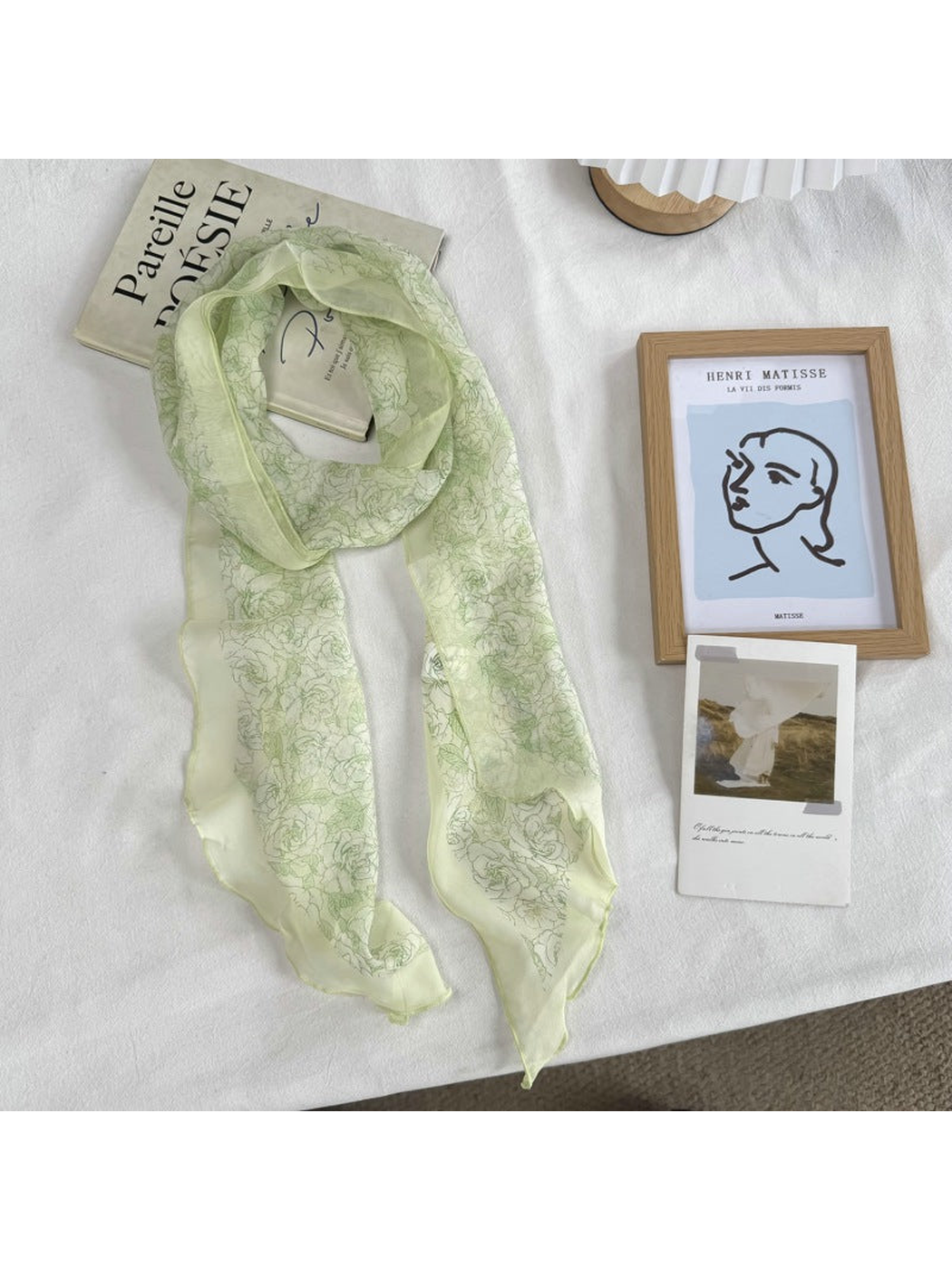 Green Rose scarf with fine rose line-art print, full view