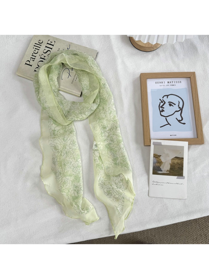 Green Rose scarf with fine rose line-art print, full view