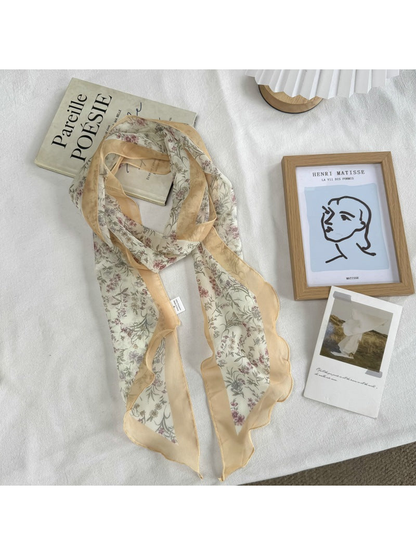 Red Floral scarf with muted botanical print, full view