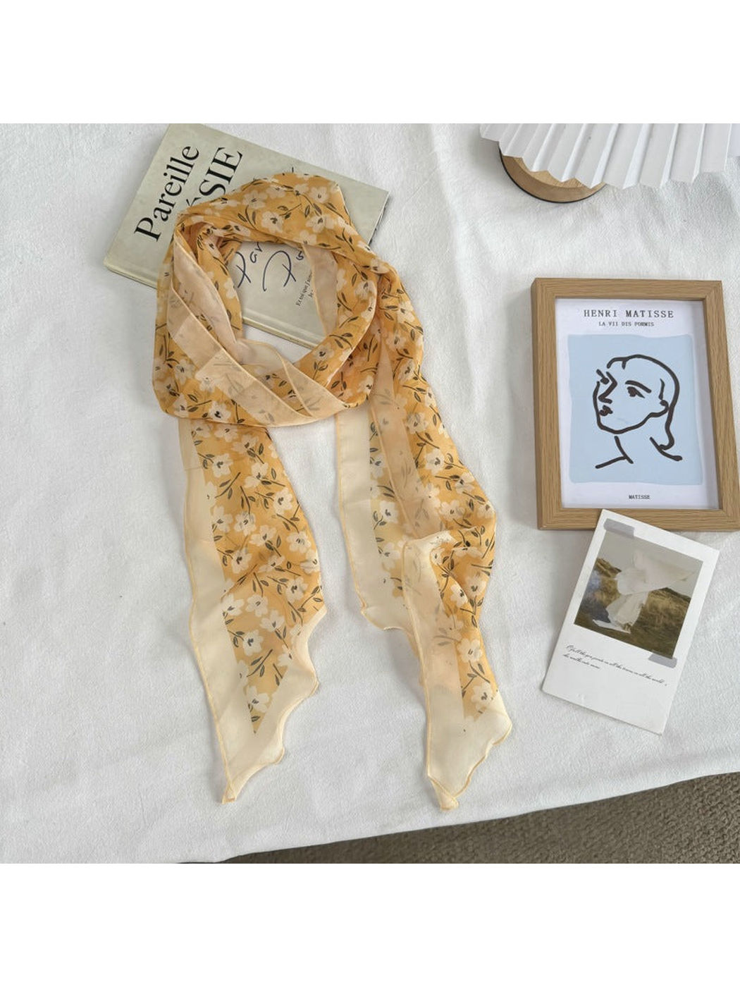 White Floral style scarf with small blossoms and leafy print, full view