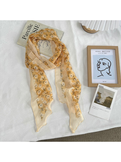 White Floral style scarf with small blossoms and leafy print, full view