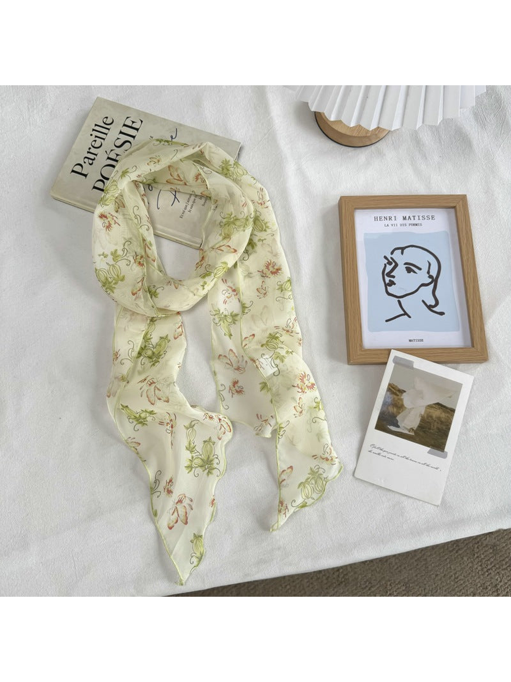 Butterfly scarf with scrolling botanical print, full view