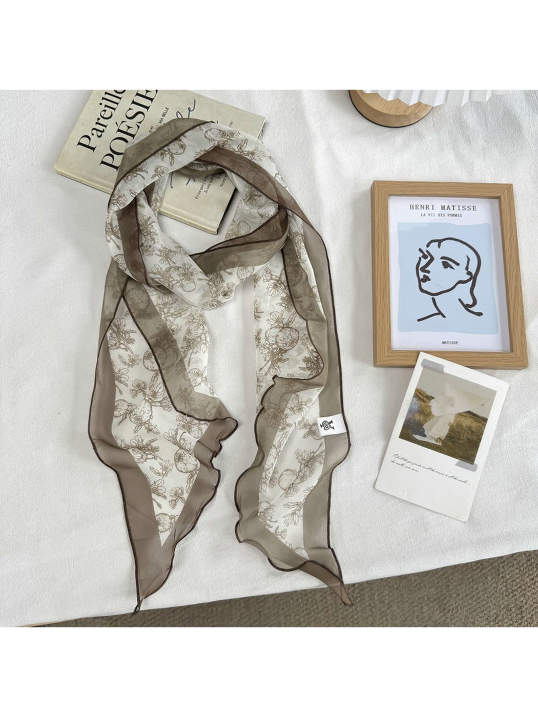 Fruit scarf with brown botanical line-art print, full view