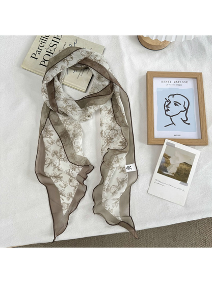Fruit scarf with brown botanical line-art print, full view