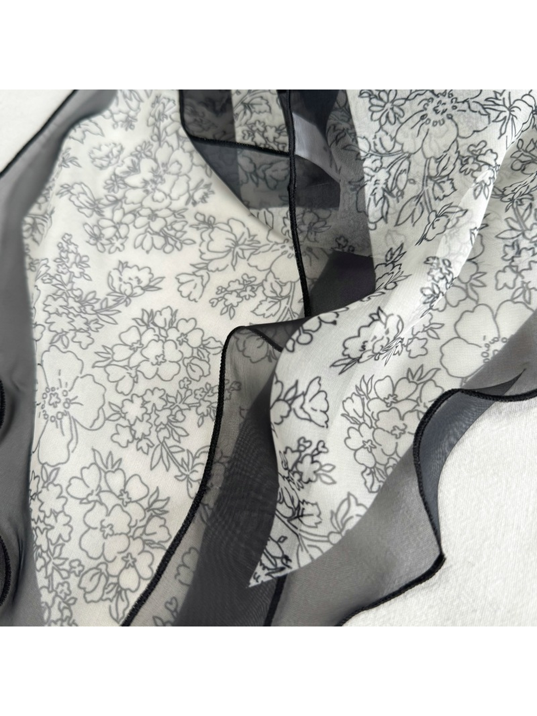 Close-up of the Black Floral print and sheer dark border