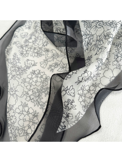 Close-up of the Black Floral print and sheer dark border