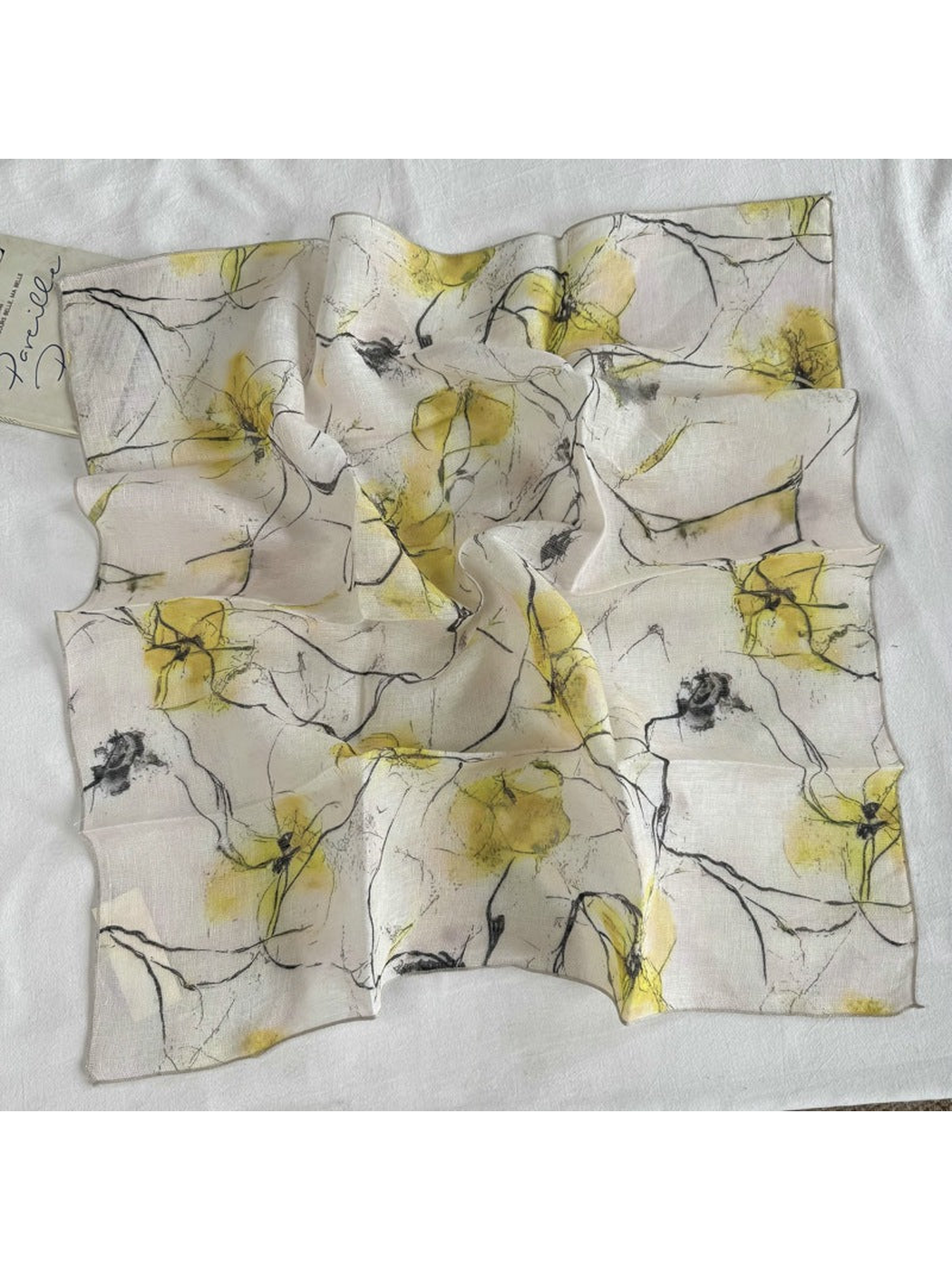 Large Floral square scarf with yellow and black abstract blooms, full view
