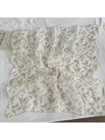 Floral Sprig square scarf with small golden flowers, full view
