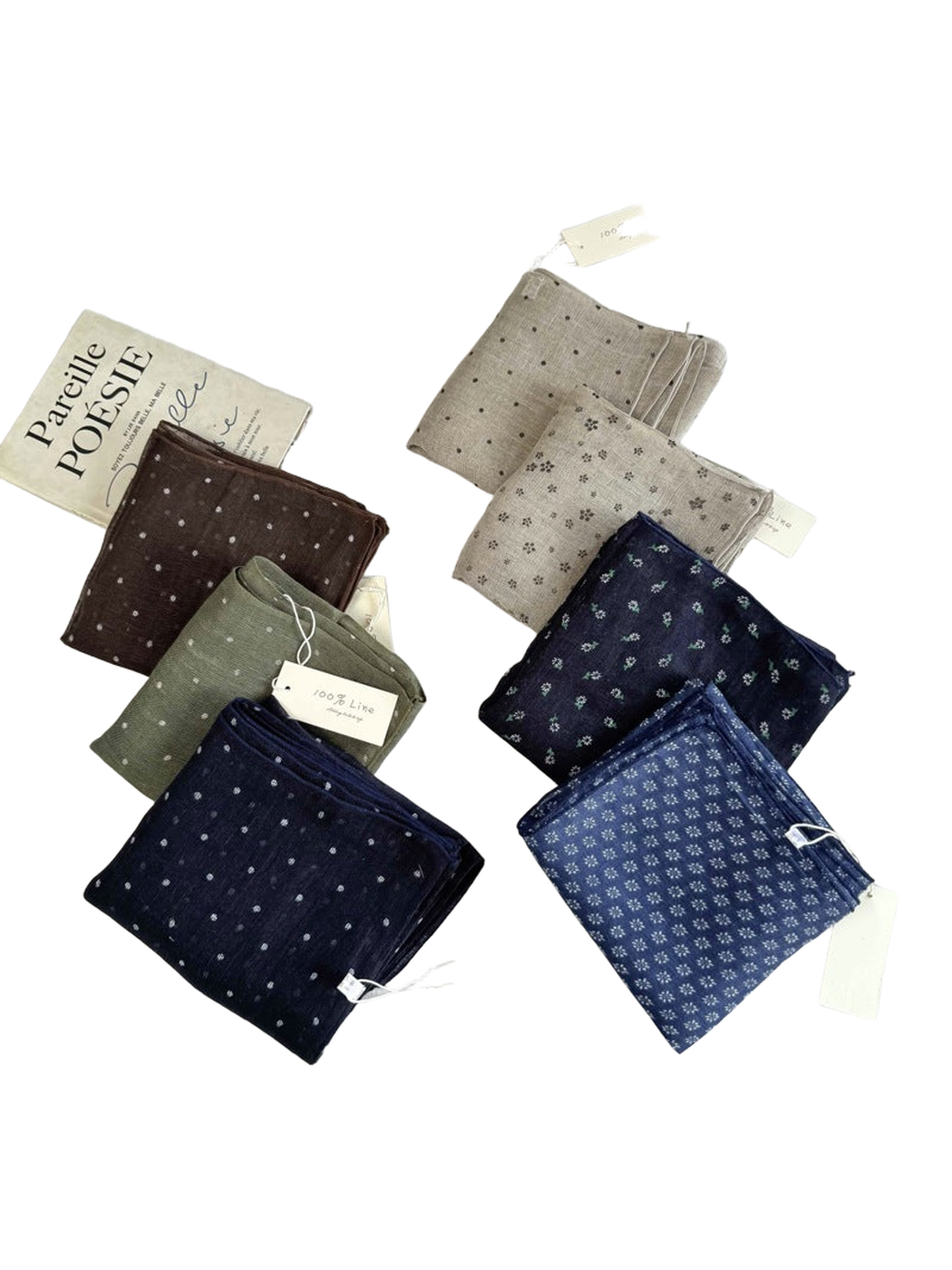 Seven dotted and floral square scarf styles displayed together