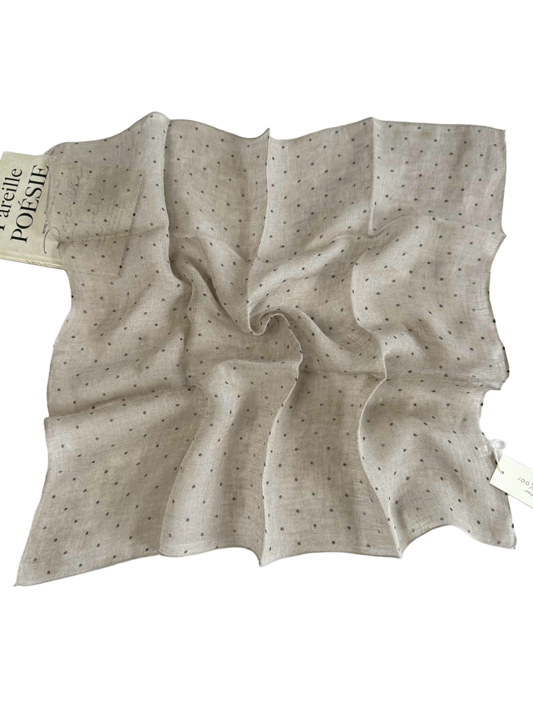 Greige Dots square scarf with a scattered dot pattern