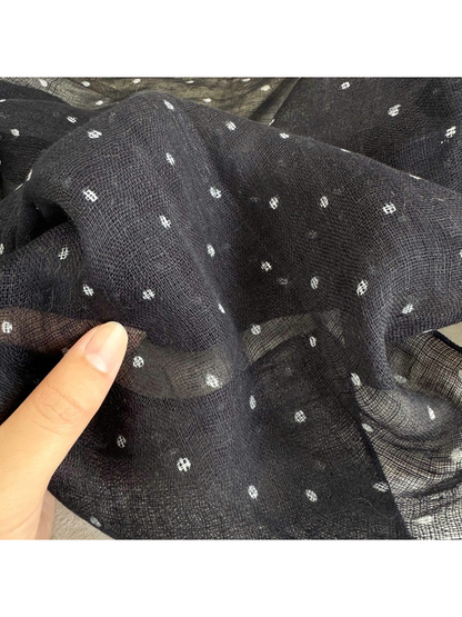 Close-up of the dark dotted pattern and sheer woven texture