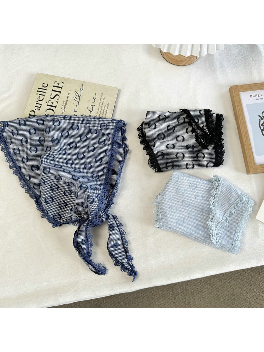 Navy, Blue and Black triangle scarves with ring motifs and lace trim