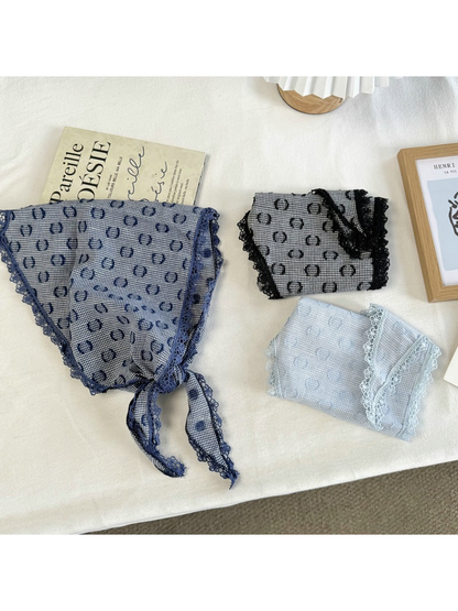 Navy, Blue and Black triangle scarves with ring motifs and lace trim