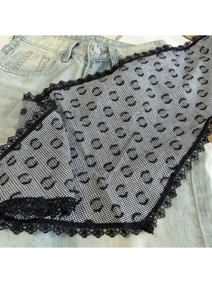 Close-up of the Black scarf ring pattern and scalloped lace edge