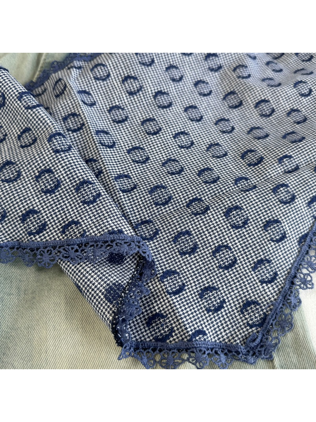 Close-up of the Navy scarf ring pattern and scalloped lace edge