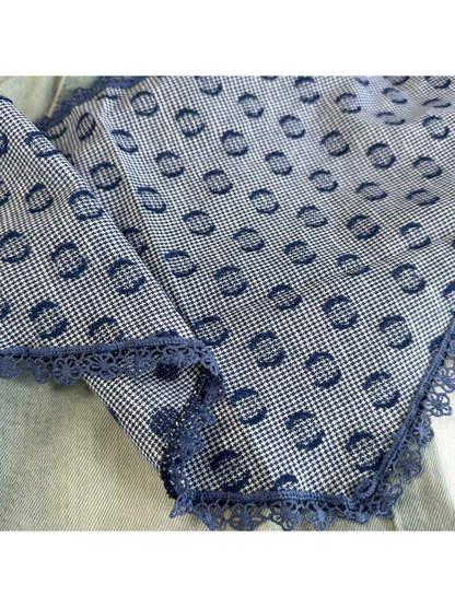 Close-up of the Navy scarf ring pattern and scalloped lace edge