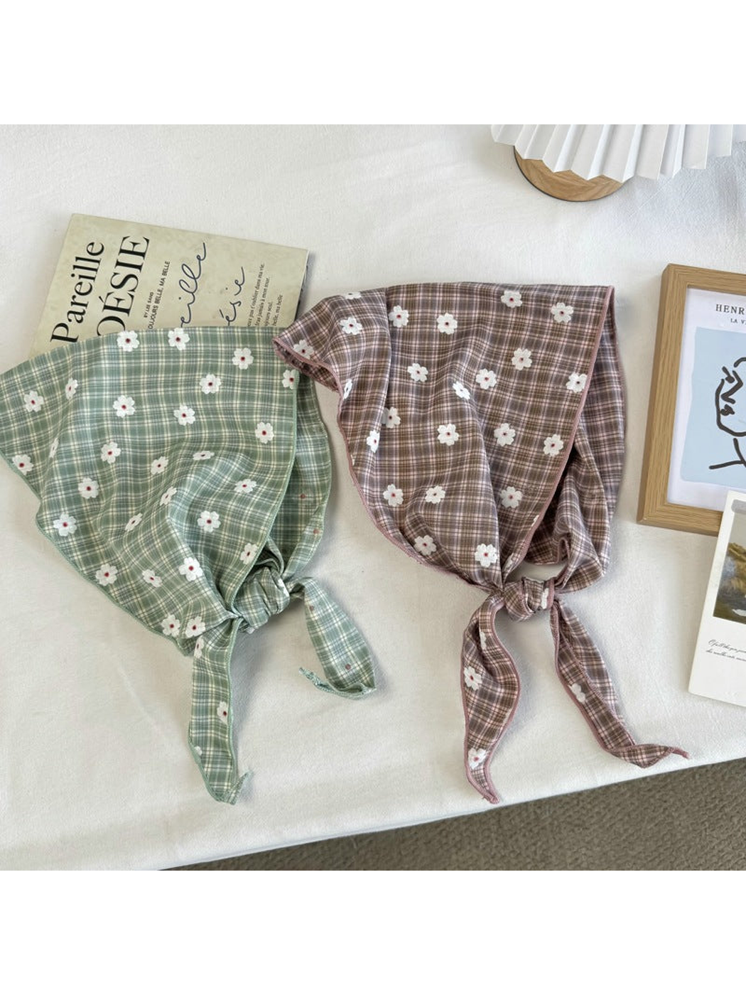 Green and Dusty Pink plaid narrow scarves with white daisy motifs