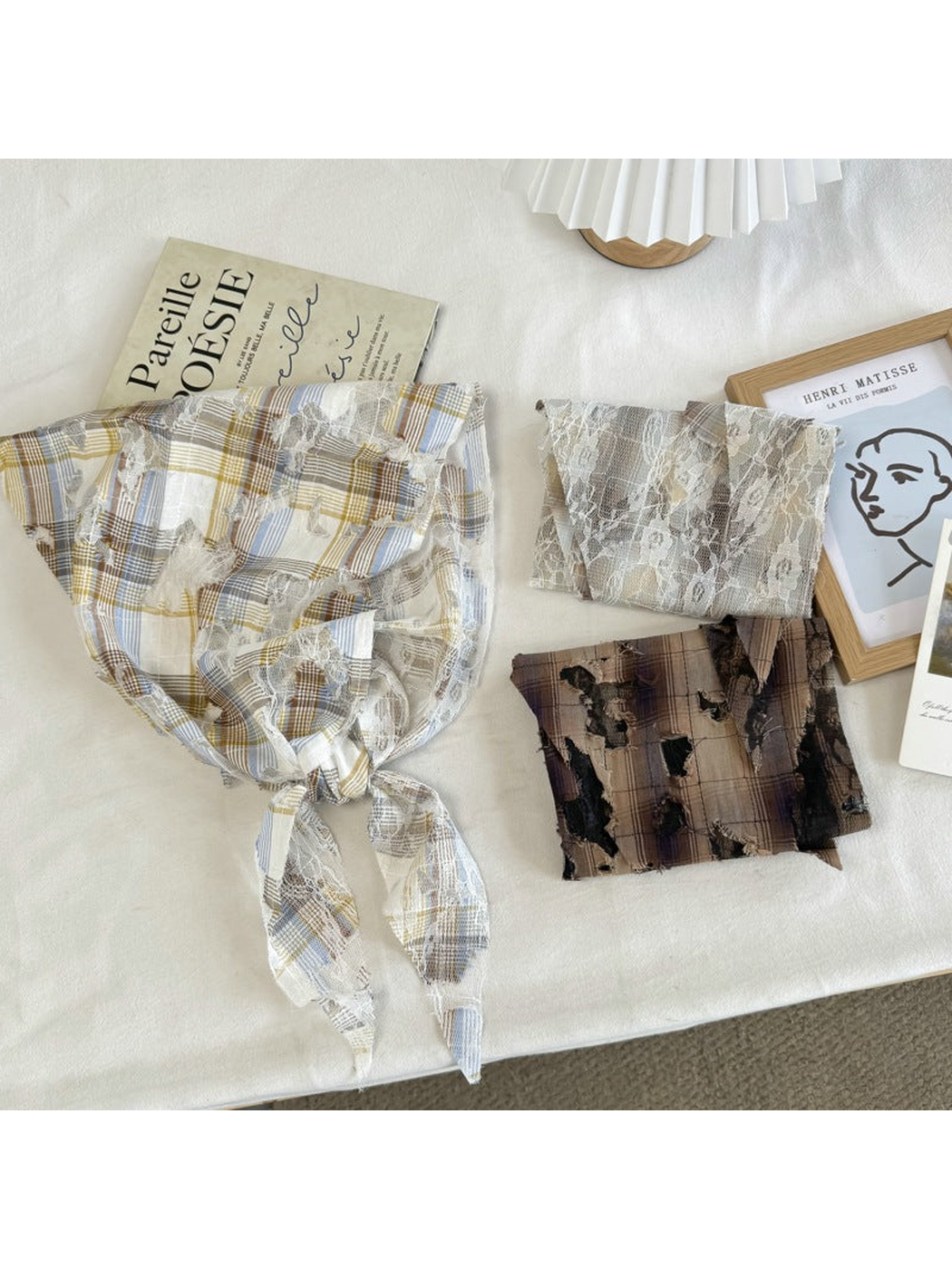 Blue, Beige and Brown plaid lace scarves displayed together