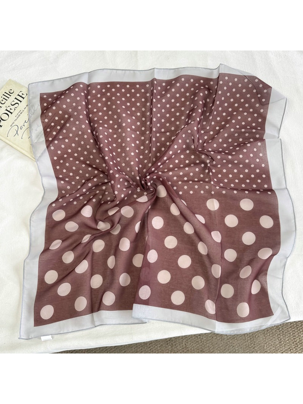 Burgundy Dots square scarf with mixed-scale pale polka dots and a contrasting border
