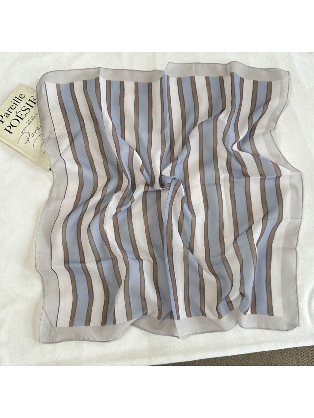 Blue Stripe square scarf with blue, brown and cream stripes and a contrasting border