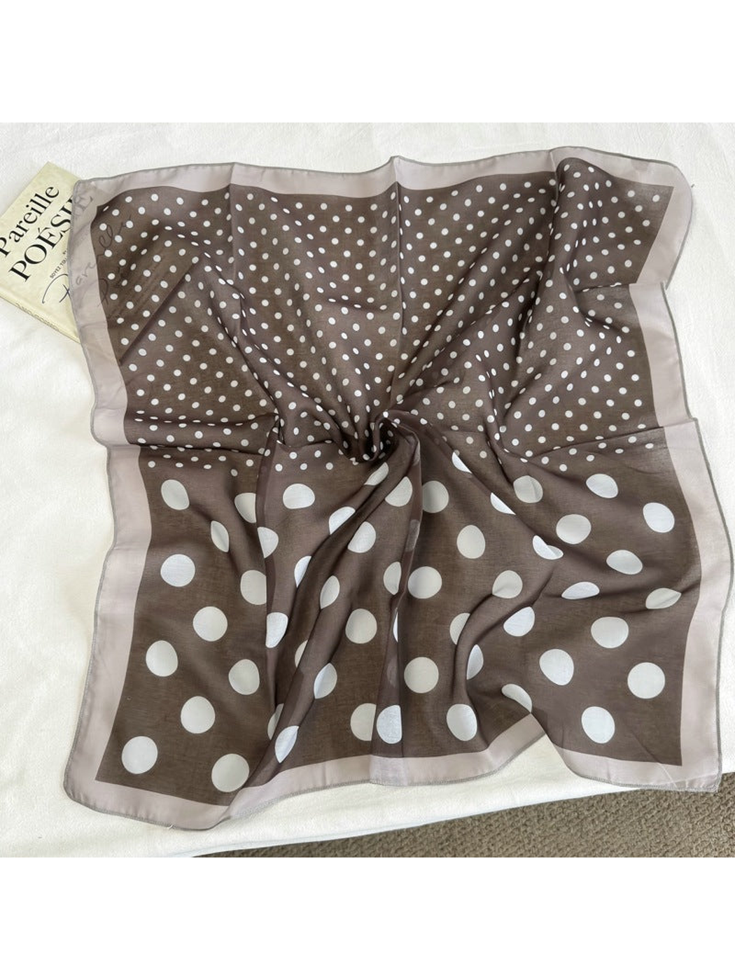 Brown Dots square scarf with mixed-scale white polka dots and a pale border