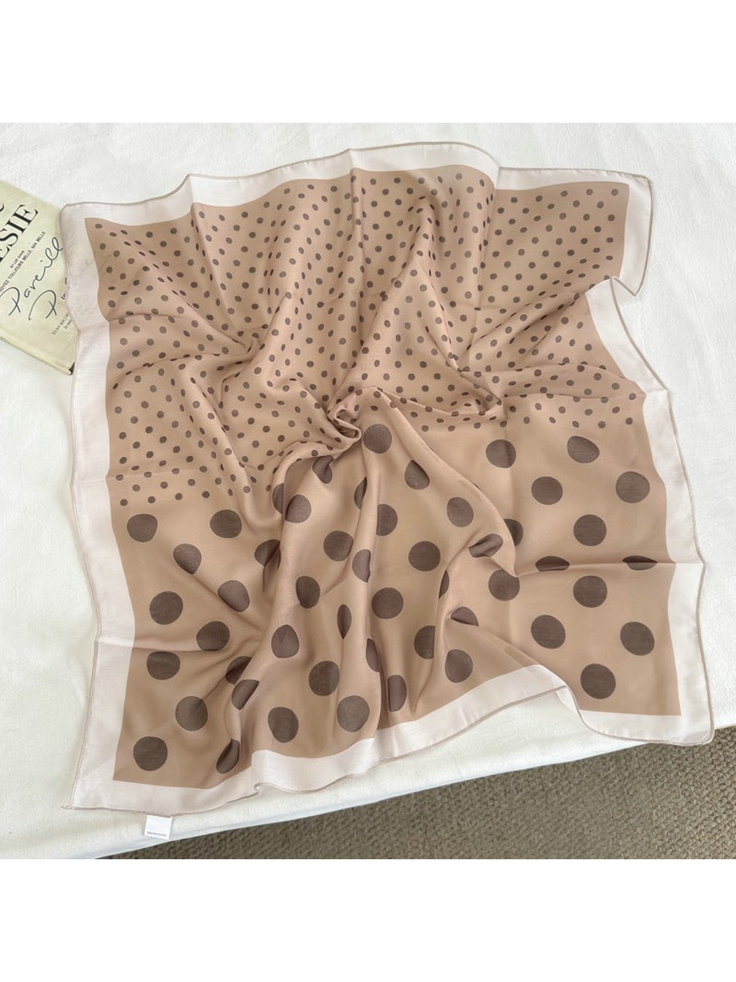 Beige Dots square scarf with mixed-scale brown polka dots and a pale border