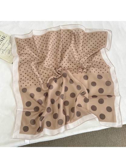 Beige Dots square scarf with mixed-scale brown polka dots and a pale border
