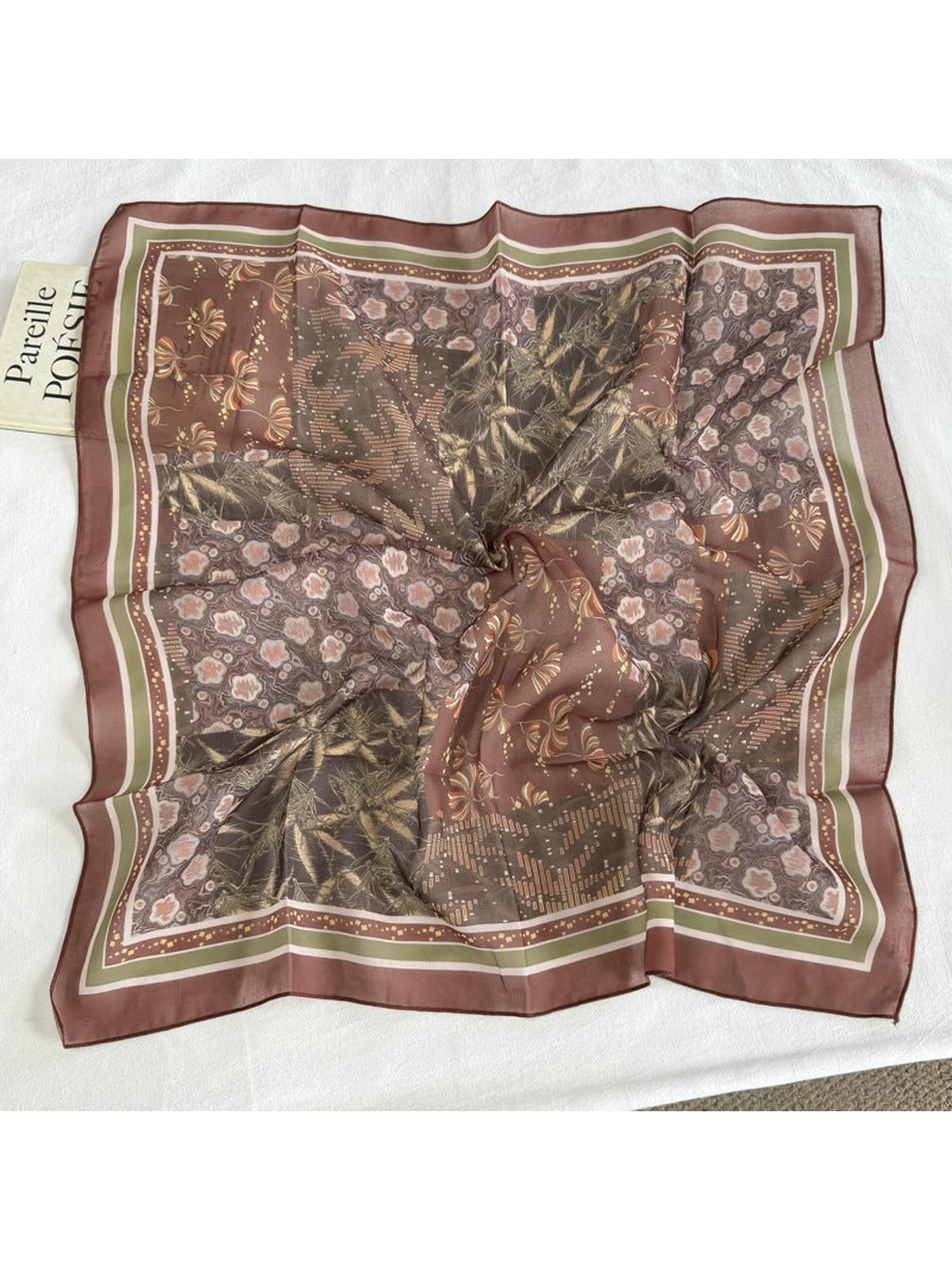 Striped Border square scarf with botanical patchwork pattern