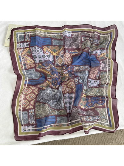 Burgundy Border square scarf with geometric patchwork pattern
