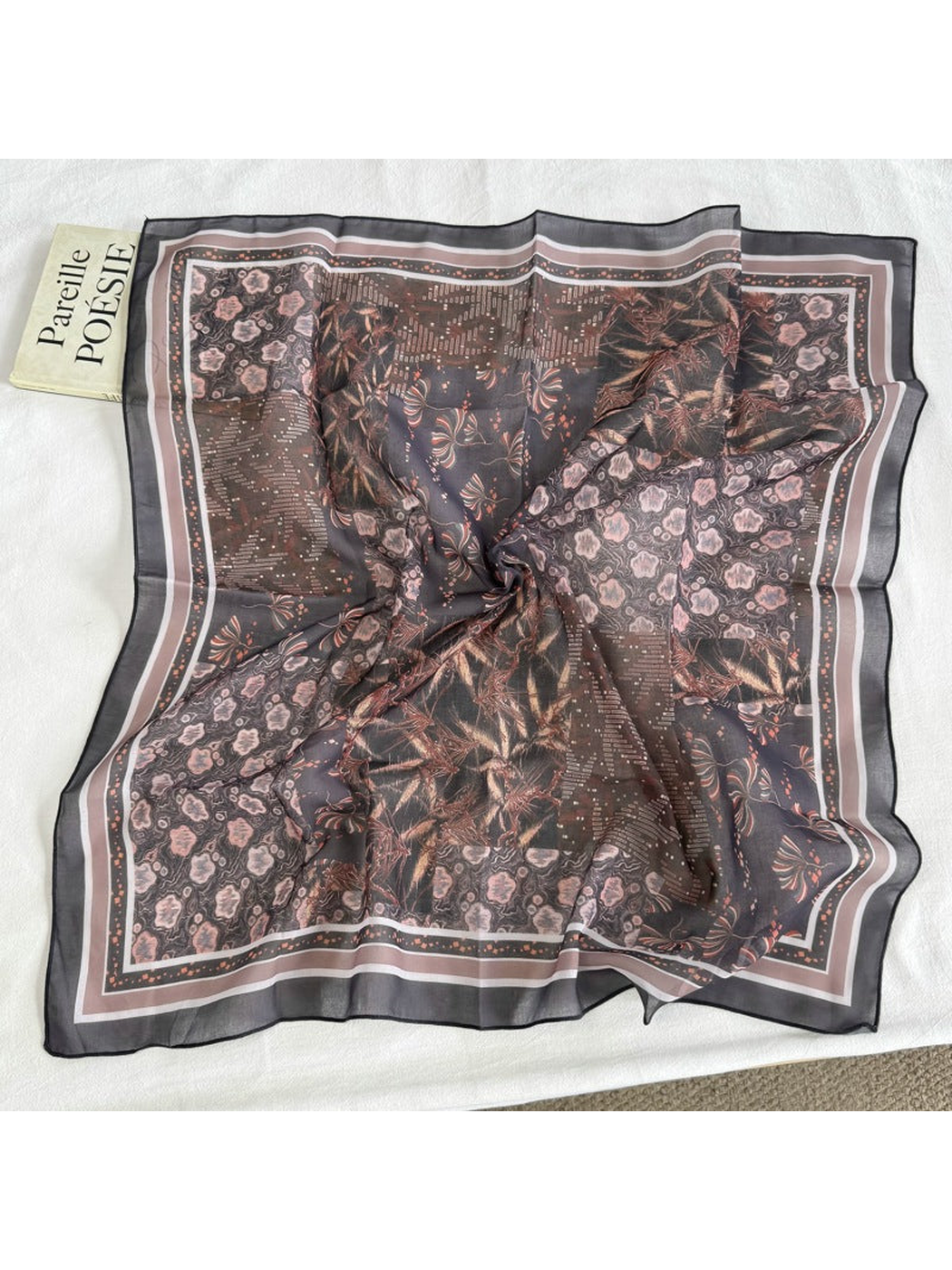 Gray Border square scarf with dark botanical patchwork pattern