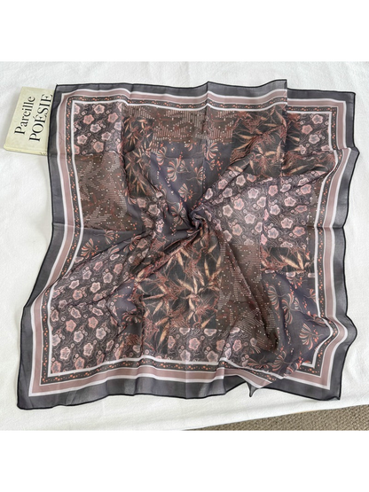 Gray Border square scarf with dark botanical patchwork pattern