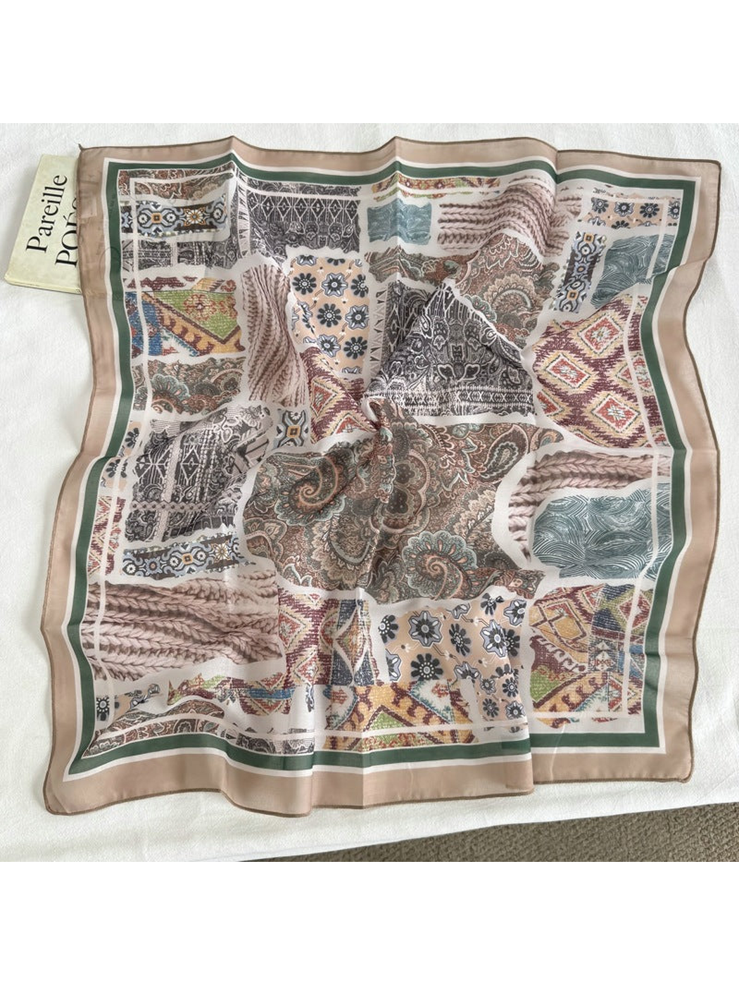 Green Border square scarf with paisley patchwork pattern