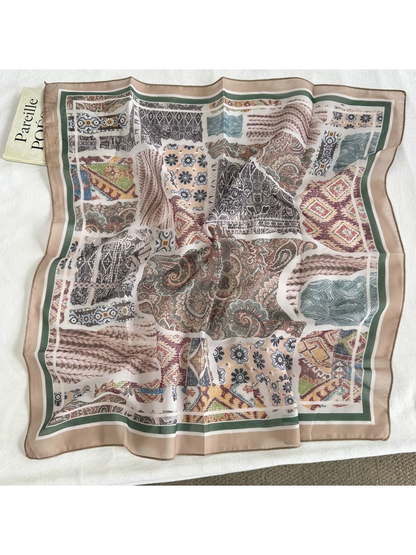 Green Border square scarf with paisley patchwork pattern