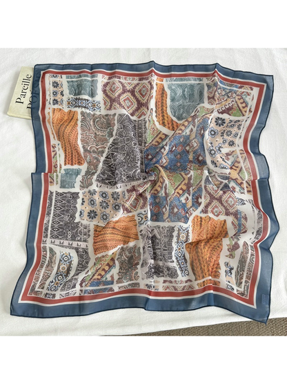 Navy Border square scarf with multicolor patchwork pattern