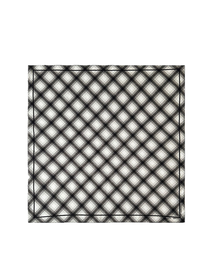 Black Gray plaid square scarf laid flat on a white background
