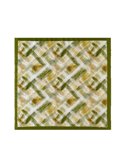 Olive green square scarf with an abstract brushstroke grid and solid border, full view