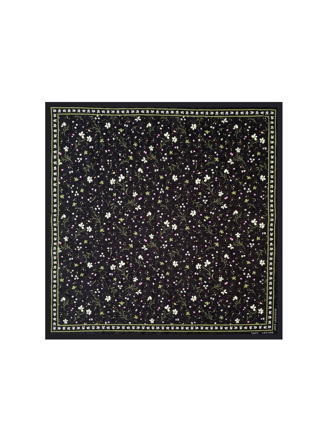 Floral style black square scarf with small flowers and leafy sprigs, full view