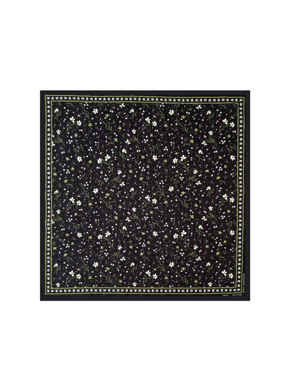 Floral style black square scarf with small flowers and leafy sprigs, full view