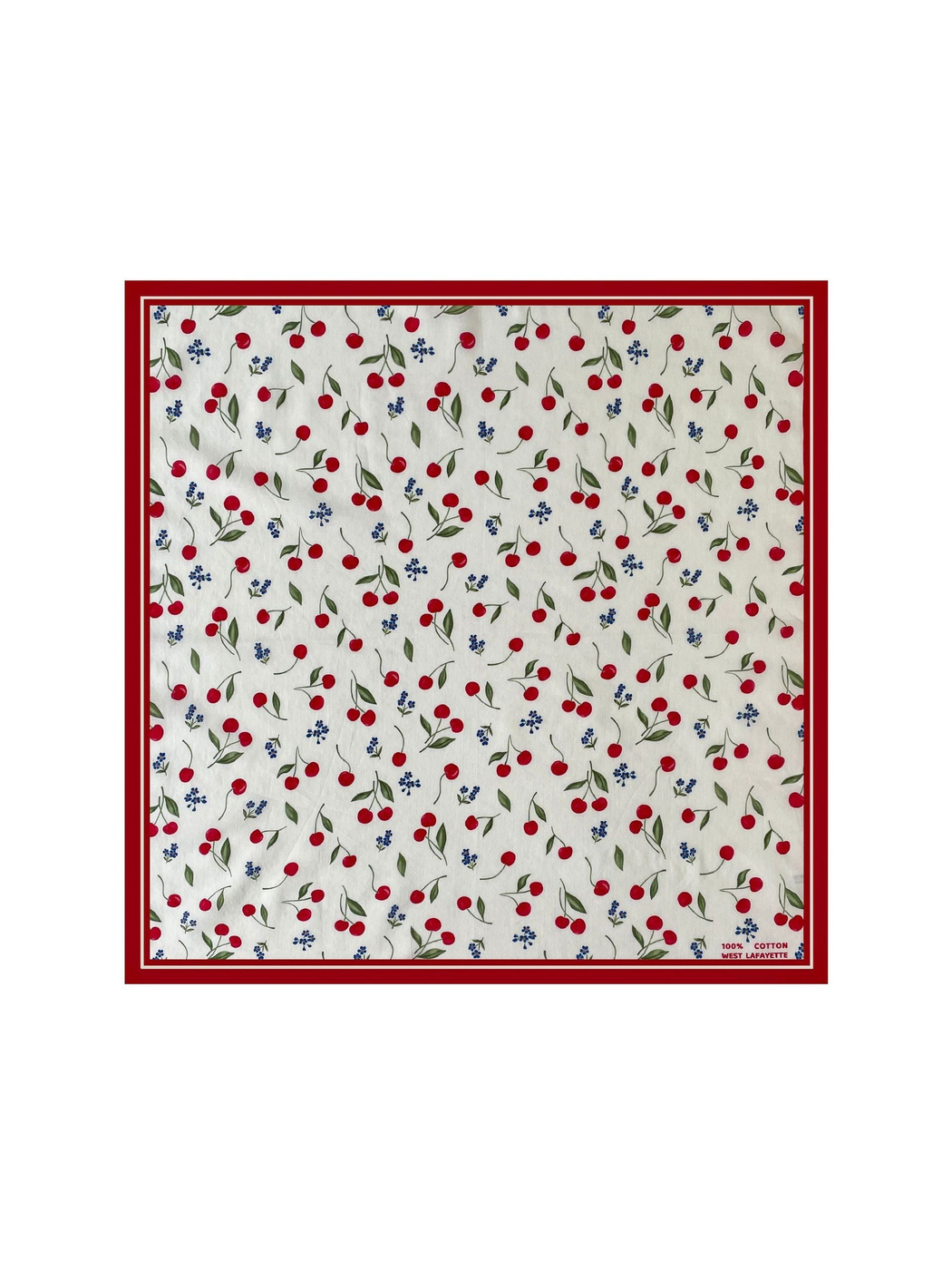 Ivory square scarf with red cherries, blue flowers and deep red border