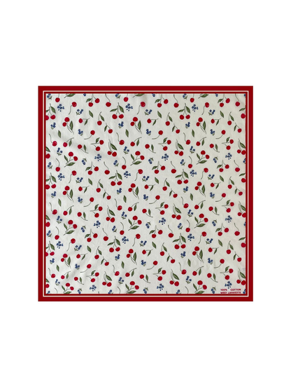 Ivory square scarf with red cherries, blue flowers and deep red border